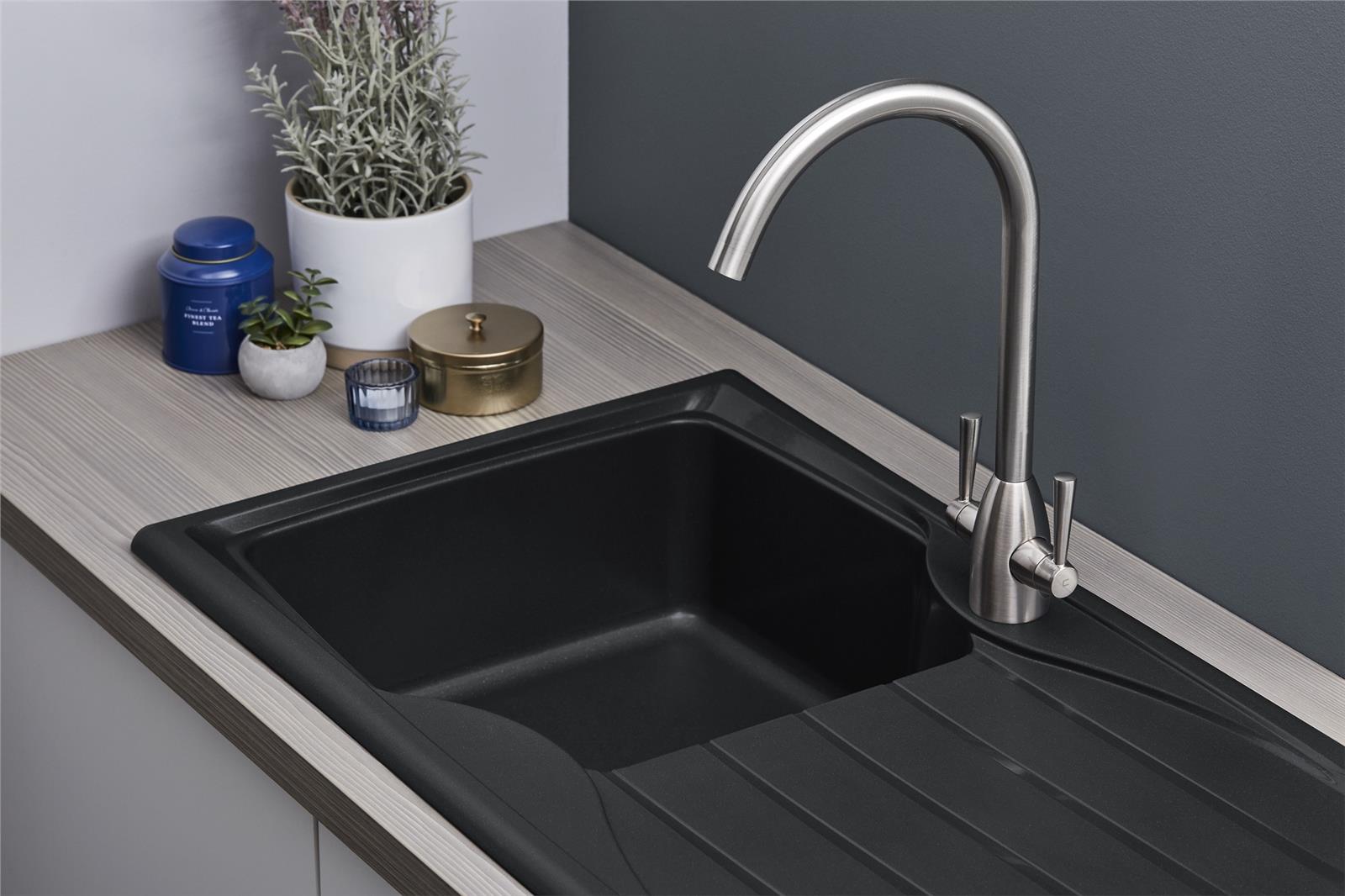 Liquida CMP10BL 1.0 Bowl Reversible Black Kitchen Sink And Waste Kit